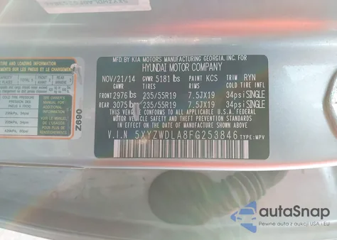 2015 Hyundai Santa Fe Sport 2.0L Turbo z USA, uszkodzony, nr VIN 5XYZWDLA8FG253846